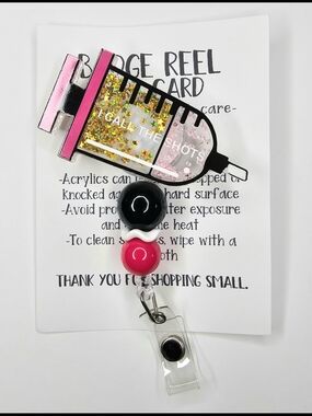 Syringe Glitter Badge Reel - Pink, Gold, Black